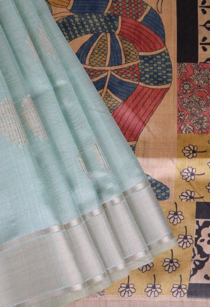 Pistachio Green Tussar Saree with Gold Zari Geometric Shapes