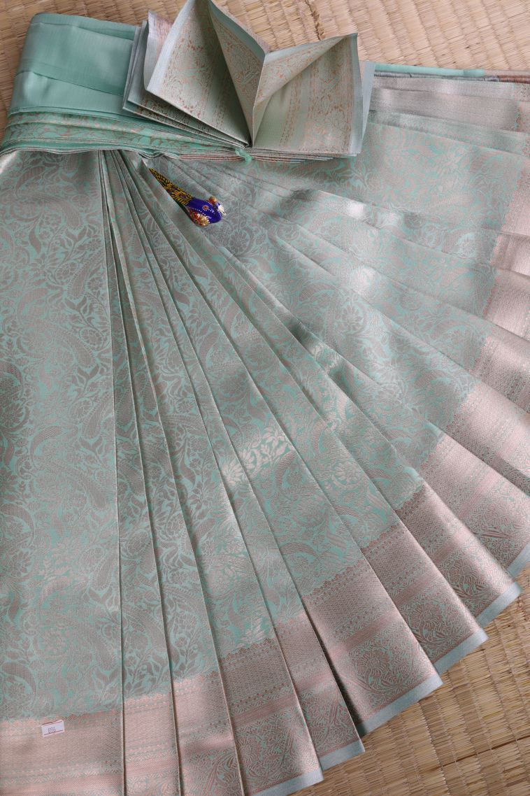 Sky Blue Tissue Silk Sarees with Copper Zari Floral Patterns view 1
