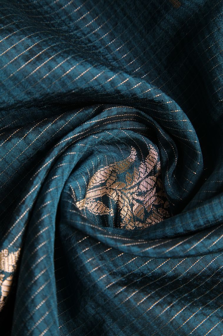 Peacock Blue Jute Sarees with Gold Zari Floral Puttas view 4