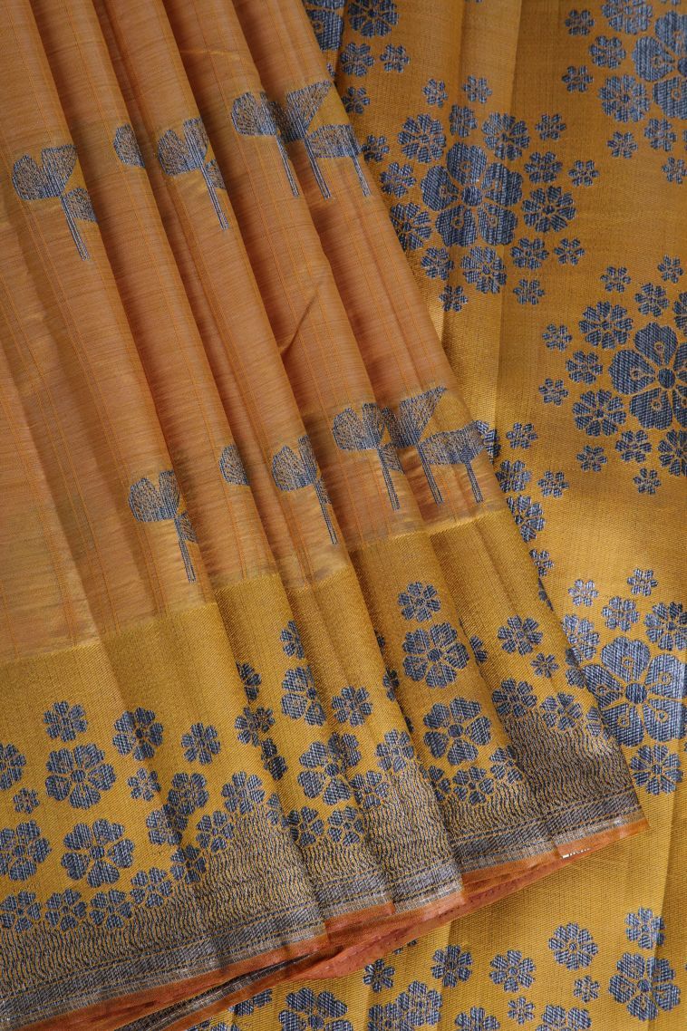 Honey Orange Raw Silk Sarees with Without Zari Zari Floral Patterns view 1