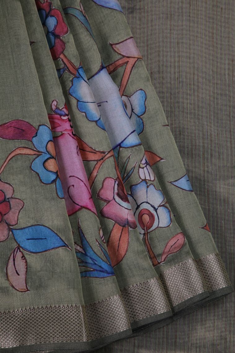 Sage Green Tussar Saree with Silver Zari Animal And Bird Motifs view 1