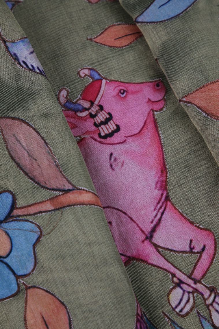 Sage Green Tussar Saree with Silver Zari Animal And Bird Motifs view 4