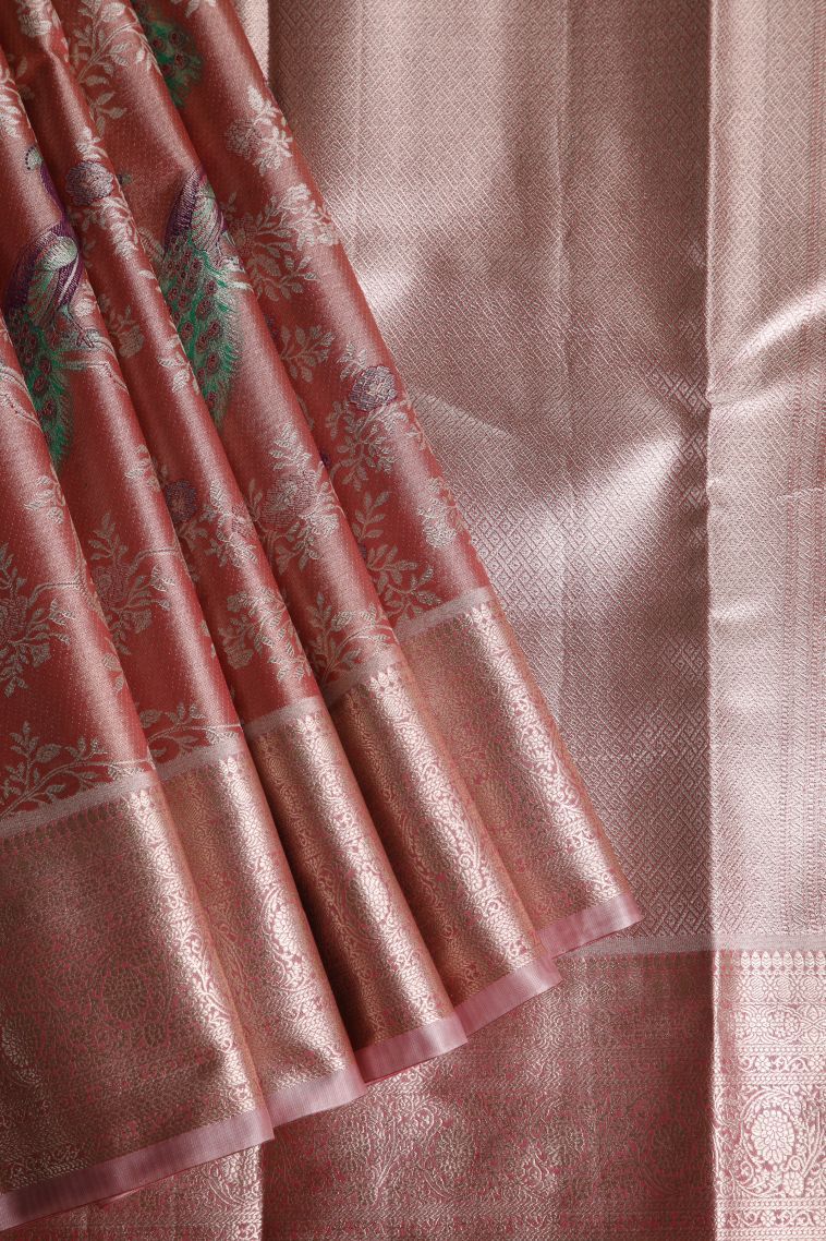 Amber Orange Tissue Silk Sarees with Gold Zari Peacock Motifs view 1