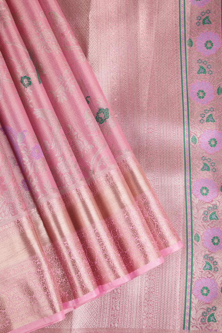 Ballet Pink Tissue Silk Sarees with Gold Zari Animal And Bird Motifs view 1