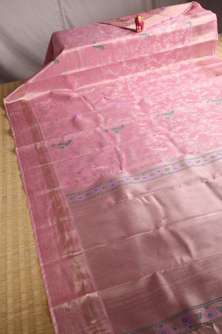 Ballet Pink Tissue Silk Sarees with Gold Zari Animal And Bird Motifs view 2