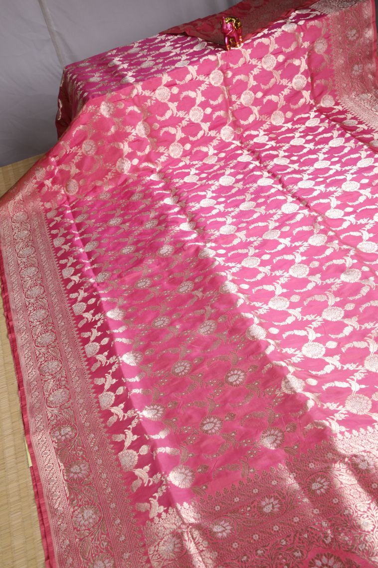 Rose Pink Banaras Silk Saree with Gold Zari Floral Patterns view 2