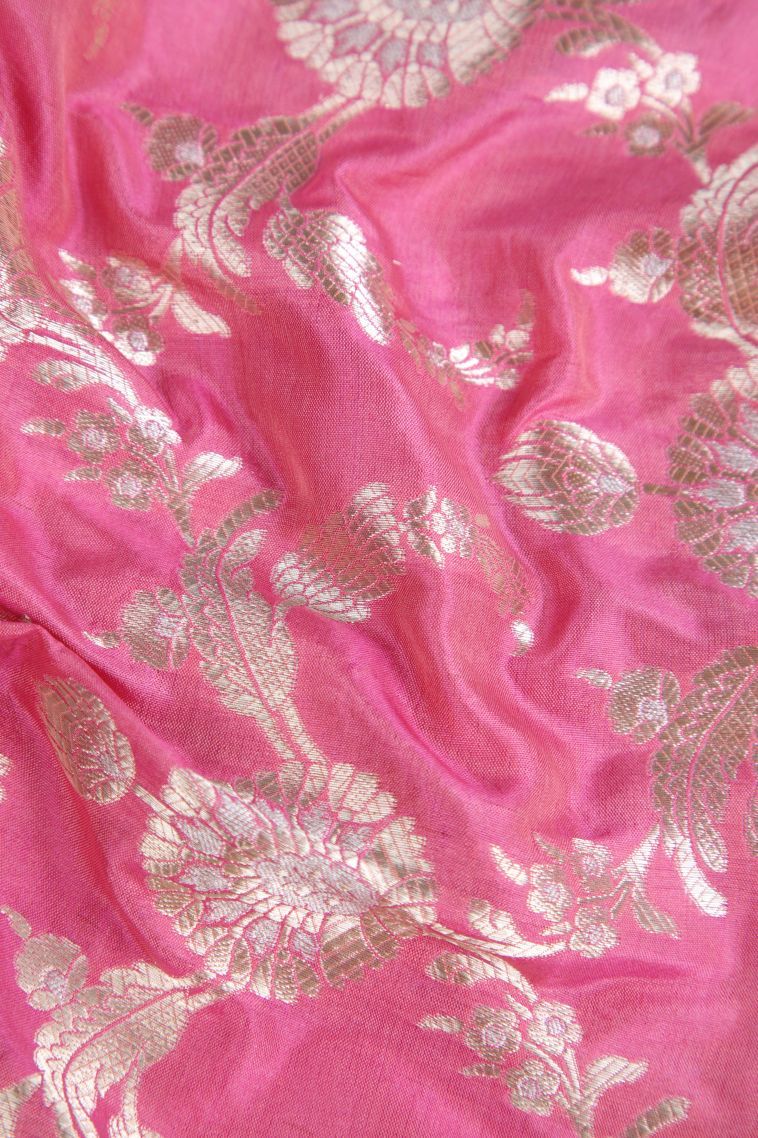 Rose Pink Banaras Silk Saree with Gold Zari Floral Patterns view 4