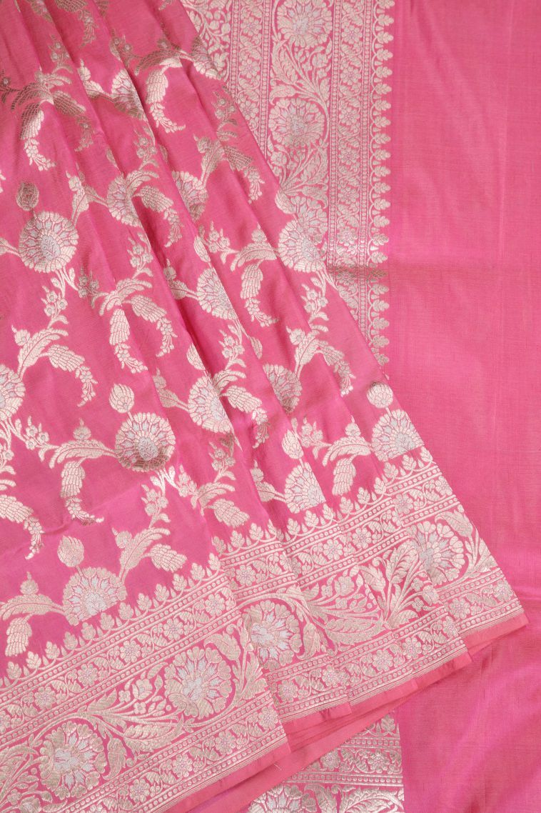 Rose Pink Banaras Silk Saree with Gold Zari Floral Patterns view 1