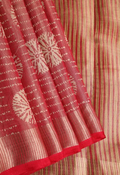 Rose  Red Semi Raw Silk Printed with Gold Zari Bandhani / Tie Dye