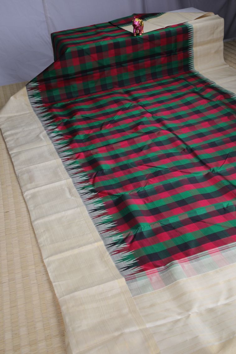 Rose  Red Kanchipuram Silk Sarees with Gold Zari Checks view 2