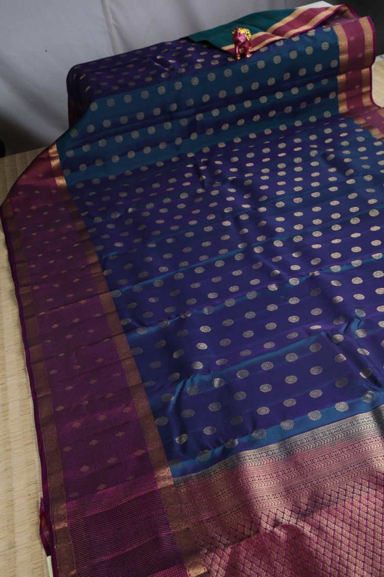 Admiral Blue Wedding Silk Sarees with Gold Zari Buttis (small Dots Or Motifs) view 2