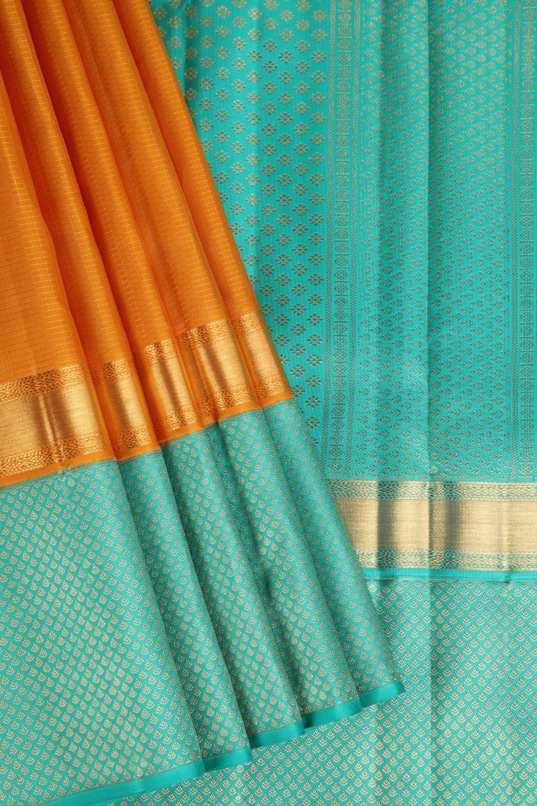Apricot Orange Kanchipuram Silk Sarees with Gold Zari Small Checks Pattern view 1