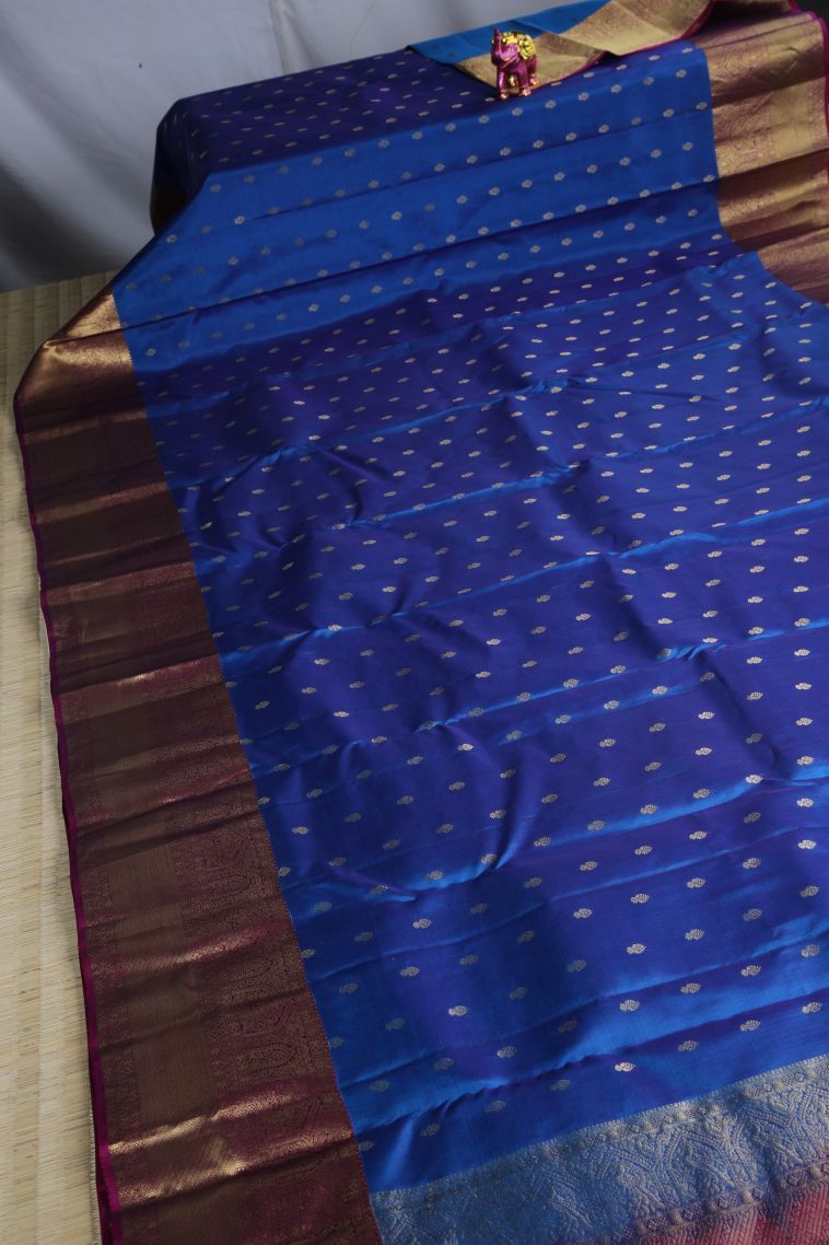 Lapis Blue Soft Silk Saree with Gold Zari Buttis (small Dots Or Motifs) view 2