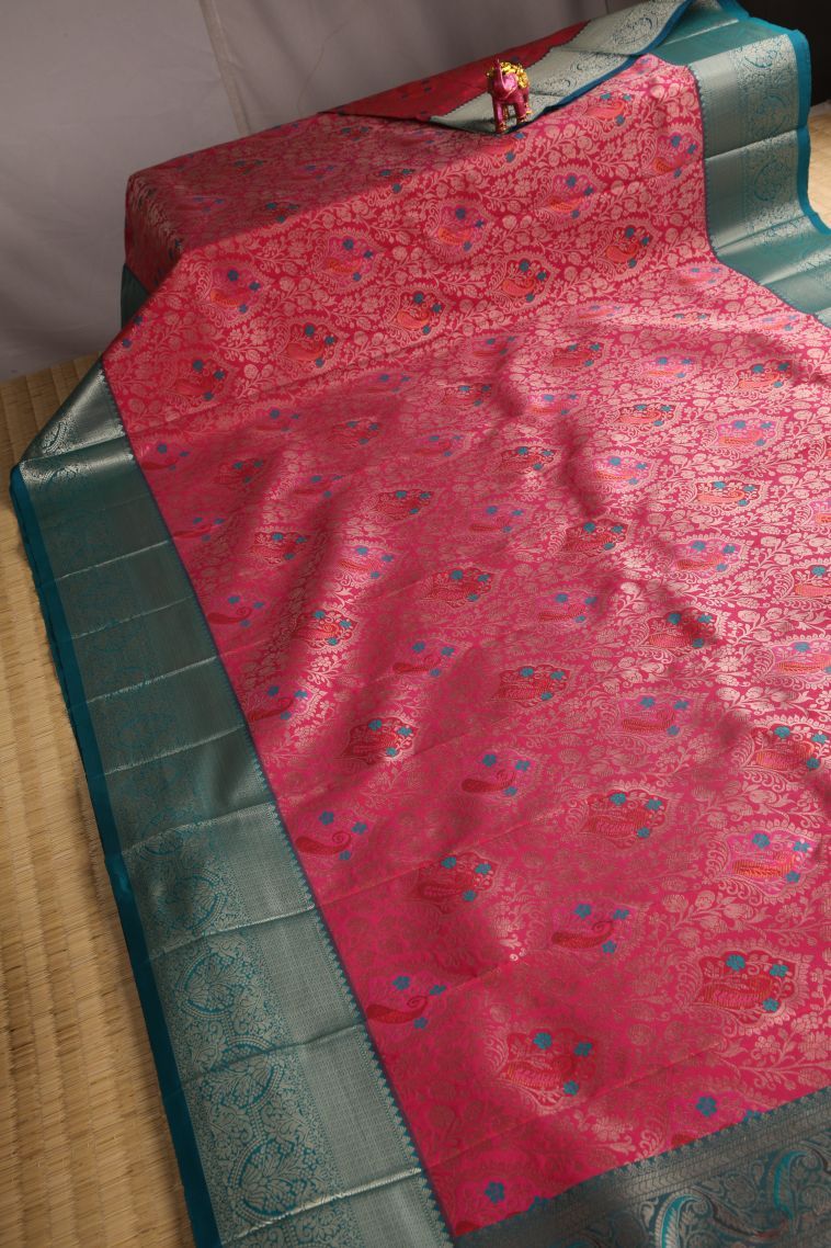 Hot Pink Visiri Madippu Silk Sarees with Silver Zari Floral Patterns view 2