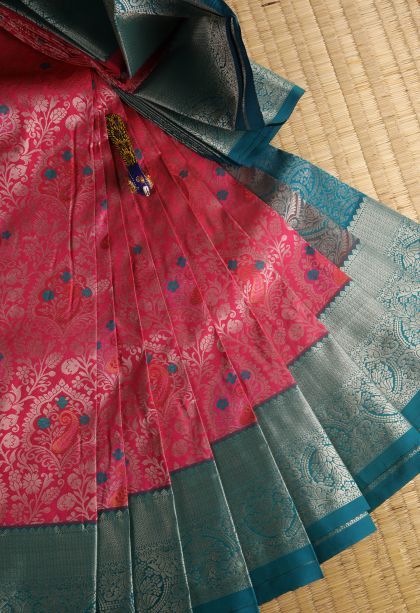 Hot Pink Visiri Madippu Silk Sarees with Silver Zari Floral Patterns