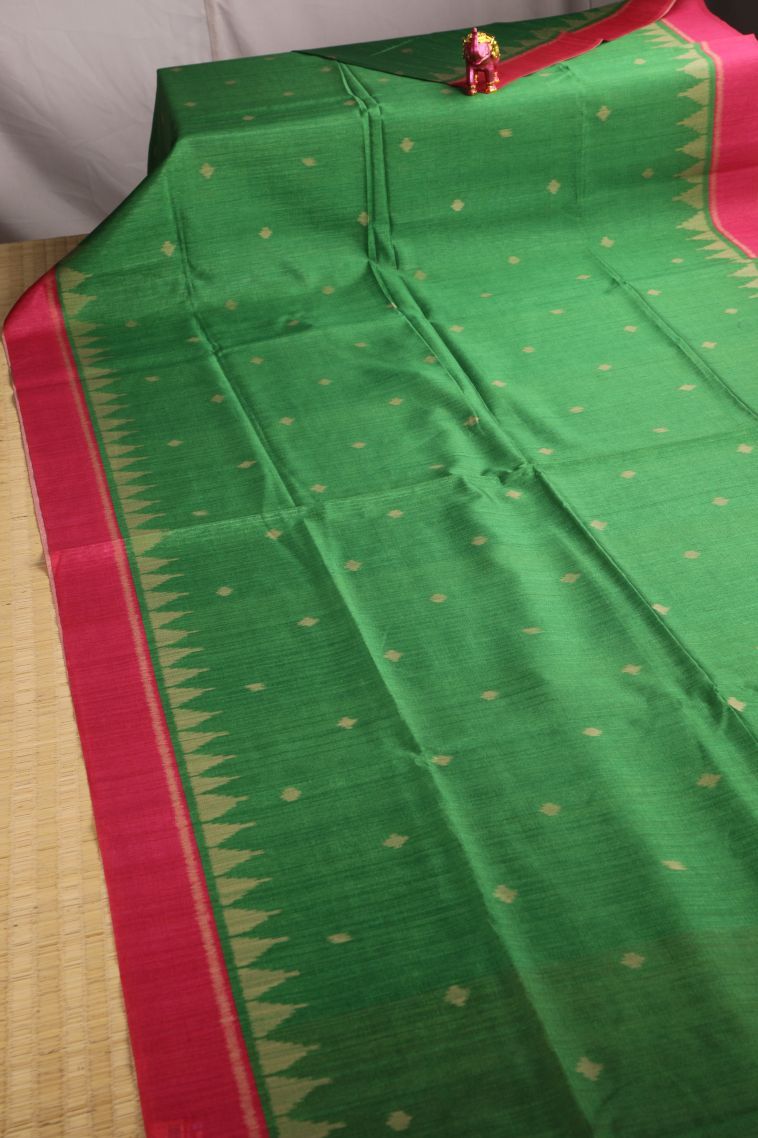 Forest Green Semi Tussar Silk with Gold Zari Buttis (small Dots Or Motifs) view 2