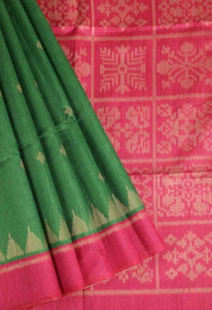Forest Green Semi Tussar Silk with Gold Zari Buttis (small Dots Or Motifs)