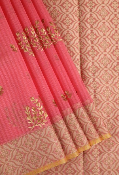 Rouge Pink Manipuri Cotton Sarees with Gold Zari Floral Patterns