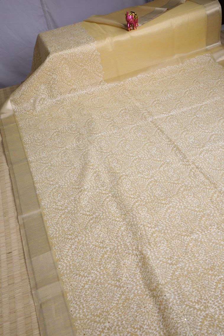 Shortbread Yellow Organza Saree with Silver Zari Floral Patterns view 2
