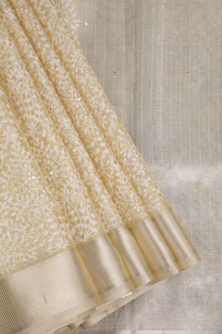 Shortbread Yellow Organza Saree with Silver Zari Floral Patterns view 1