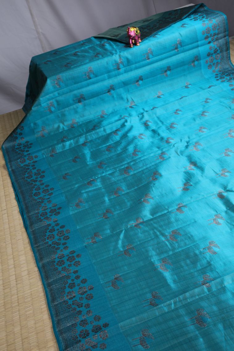 Teal Blue Raw Silk Sarees with Without Zari Zari Floral Patterns view 2