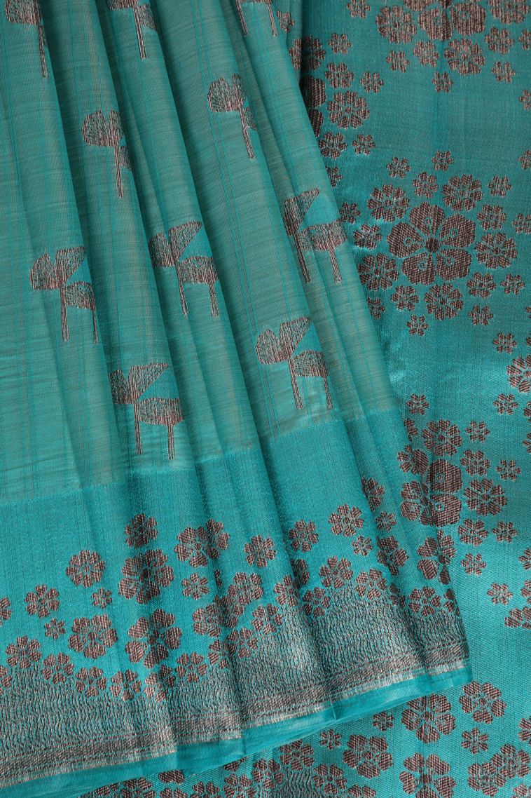 Teal Blue Raw Silk Sarees with Without Zari Zari Floral Patterns view 1