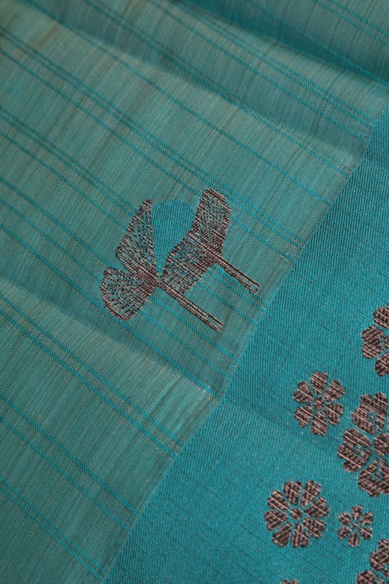 Teal Blue Raw Silk Sarees with Without Zari Zari Floral Patterns view 4