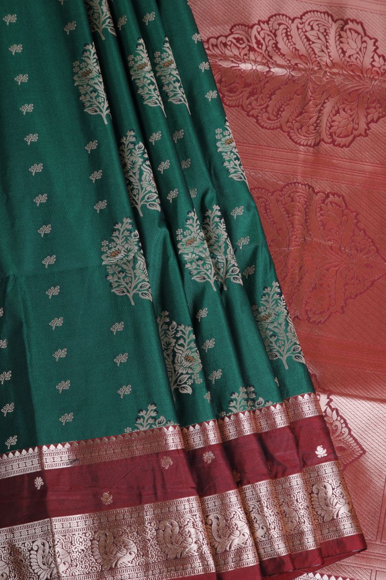 Pine Green Apoorva Silk Sarees with Gold Zari Floral Patterns view 1