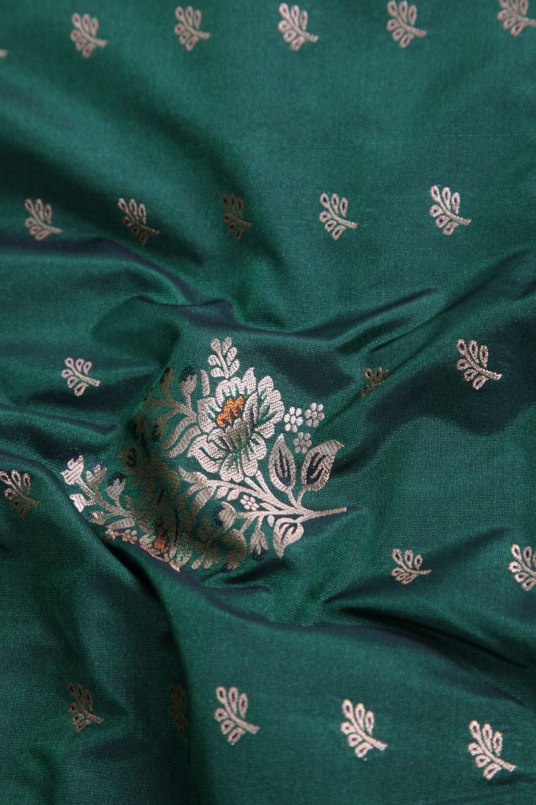 Pine Green Apoorva Silk Sarees with Gold Zari Floral Patterns view 4