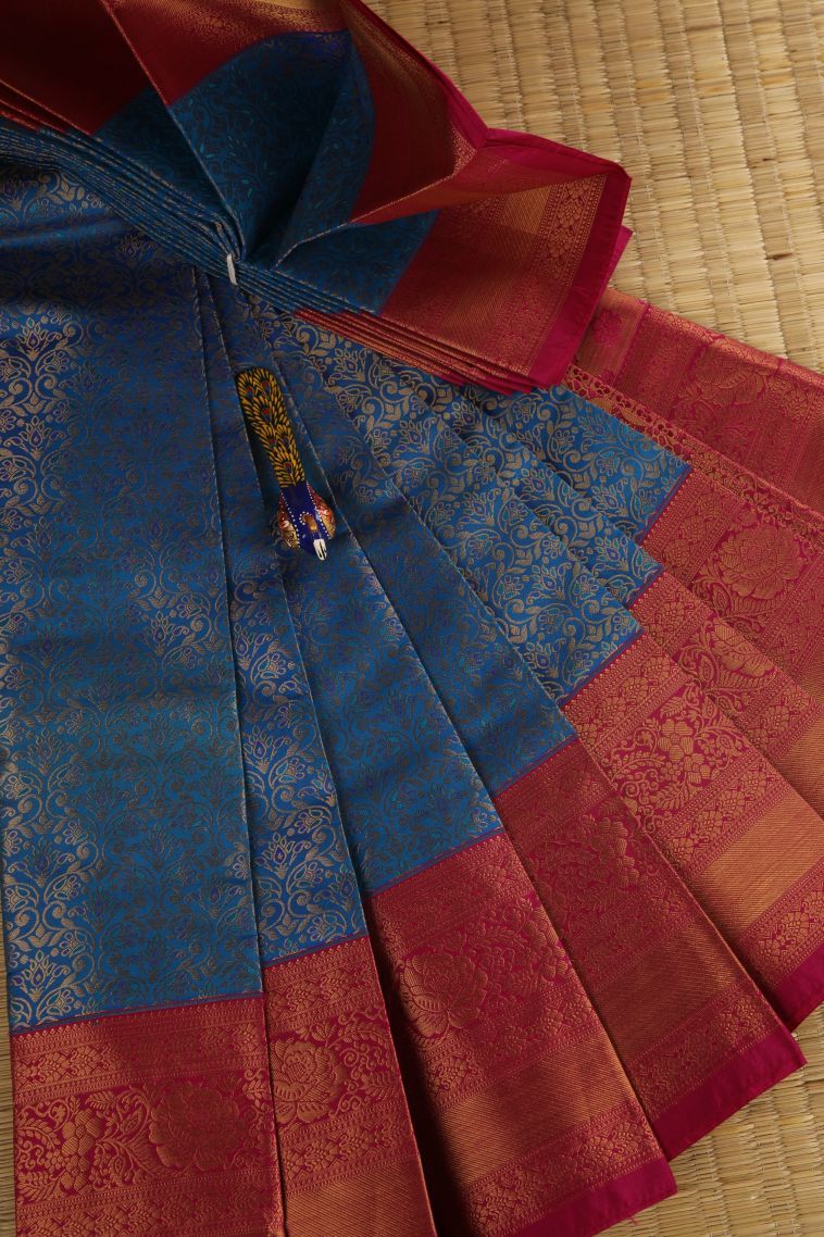 Azure Blue Visiri Madippu Silk Sarees with Gold Zari Floral Patterns view 1