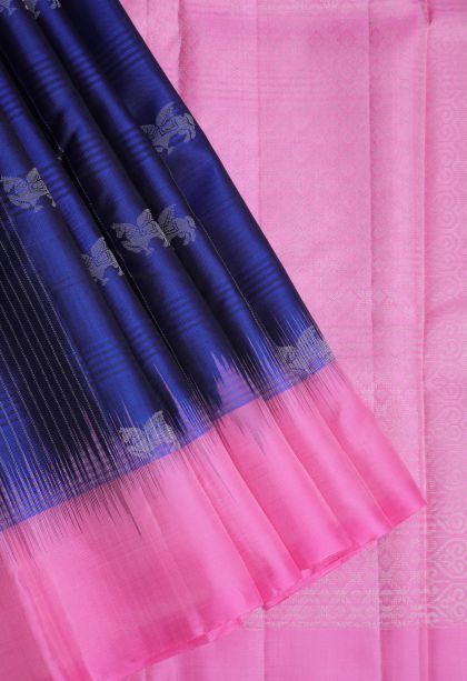 Berry Blue Soft Silk Saree with Gold Zari Animal And Bird Motifs
