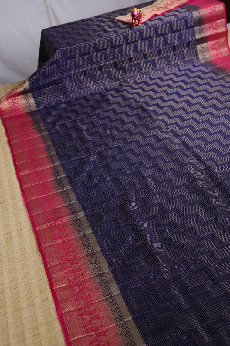 Indigo Blue Raw Silk Sarees with Gold Zari Geometric Shapes view 2