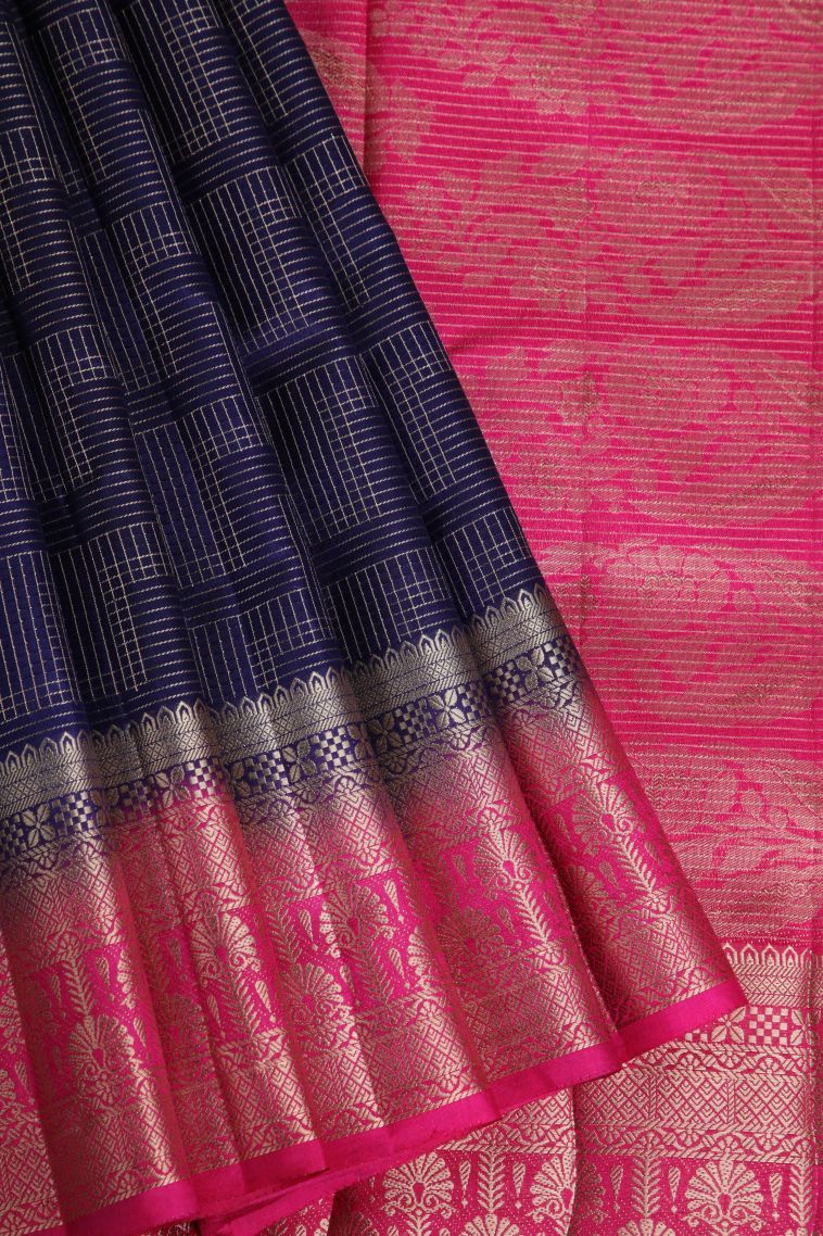 Indigo Blue Raw Silk Sarees with Gold Zari Geometric Shapes view 1