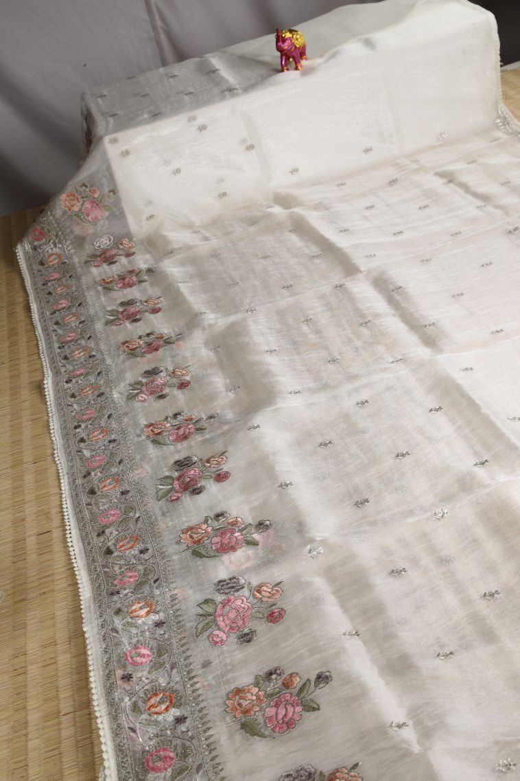 Chiffon White Organza Saree with Silver Zari Floral Patterns view 2