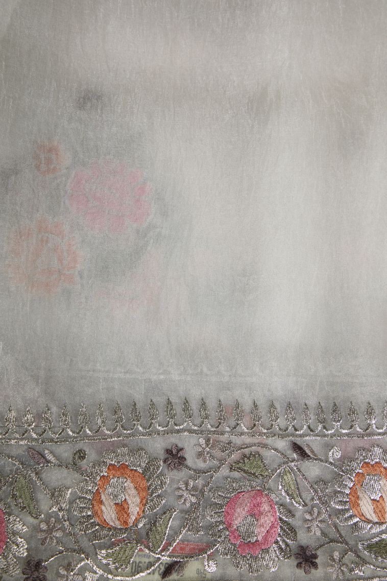 Chiffon White Organza Saree with Silver Zari Floral Patterns view 3