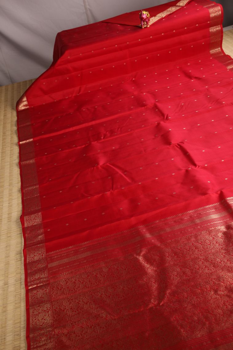 Rose  Red Soft Silk Saree with Gold Zari Buttis (small Dots Or Motifs) view 2