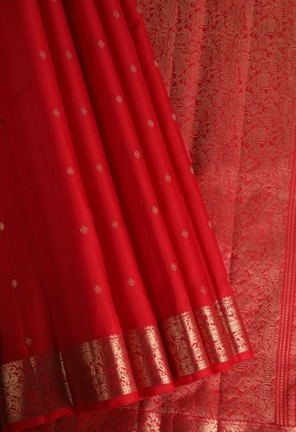 Rose  Red Soft Silk Saree with Gold Zari Buttis (small Dots Or Motifs)
