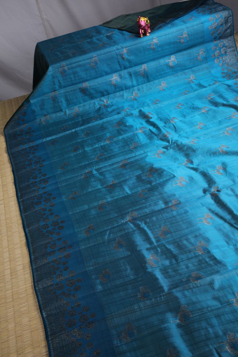 Teal Blue Raw Silk Sarees with Without Zari Zari Floral Patterns view 2