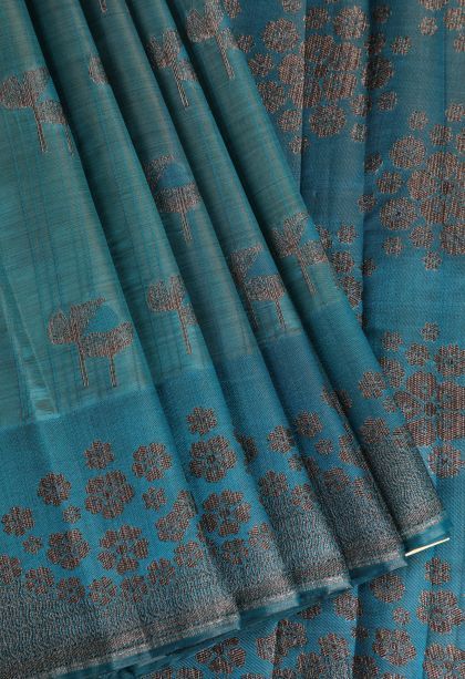 Teal Blue Raw Silk Sarees with Without Zari Zari Floral Patterns