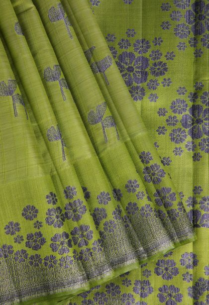 Pickle Green Raw Silk Sarees with Without Zari Zari Floral Patterns