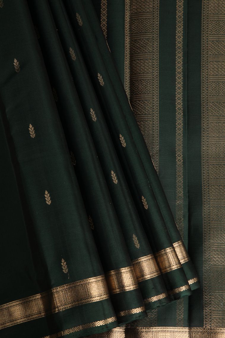 Bottle Green Soft Silk Saree with Gold Zari Floral Puttas view 1