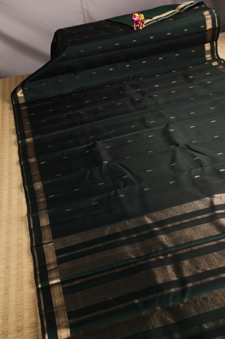 Bottle Green Soft Silk Saree with Gold Zari Floral Puttas view 2