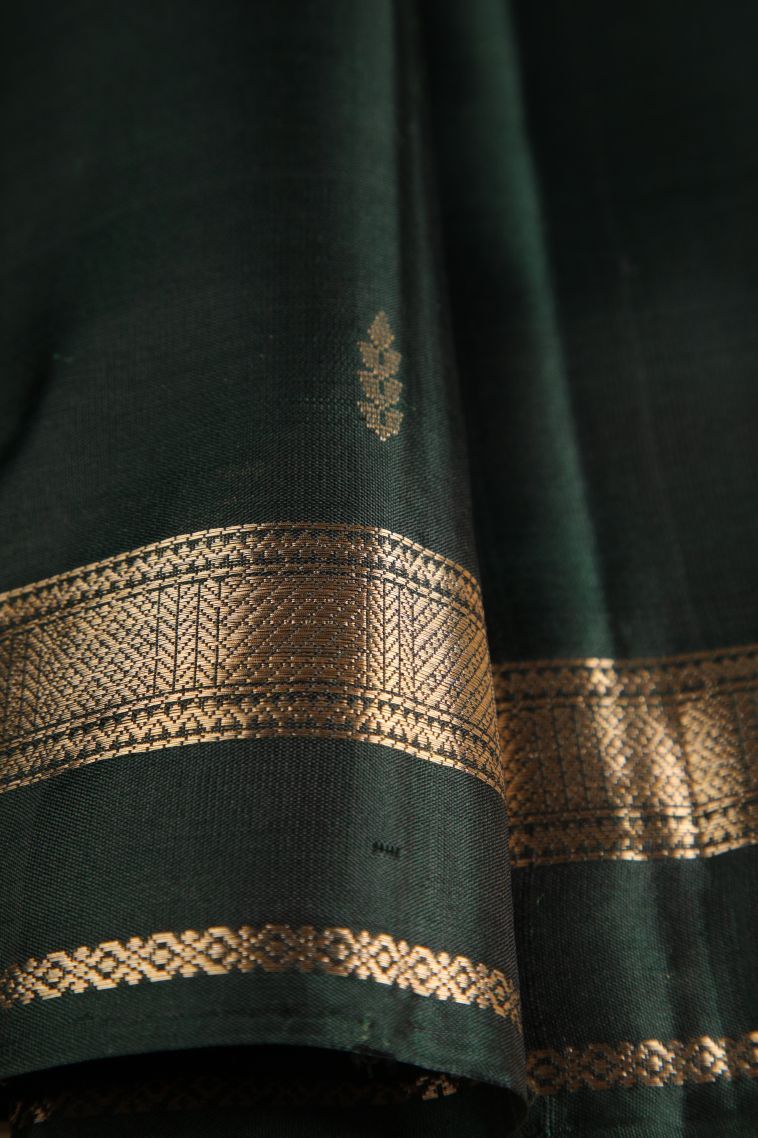 Bottle Green Soft Silk Saree with Gold Zari Floral Puttas view 4