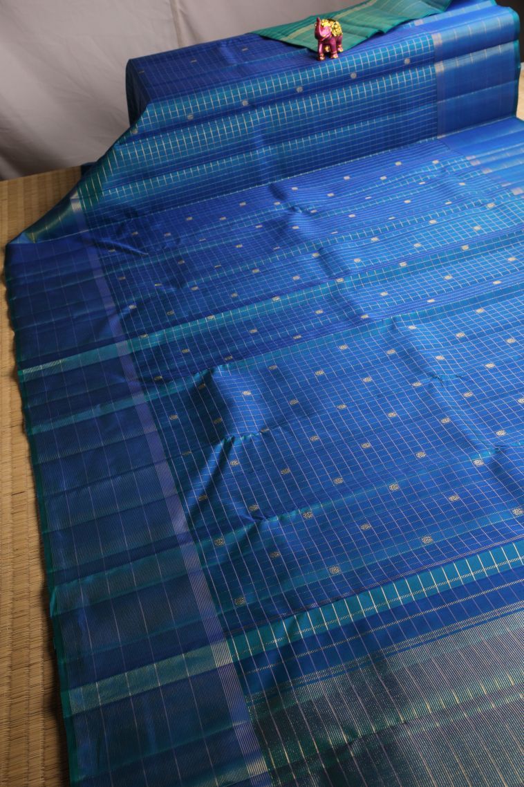 Peacock Blue Kanchipuram Silk Sarees with Gold Zari Vaira Oosi view 2