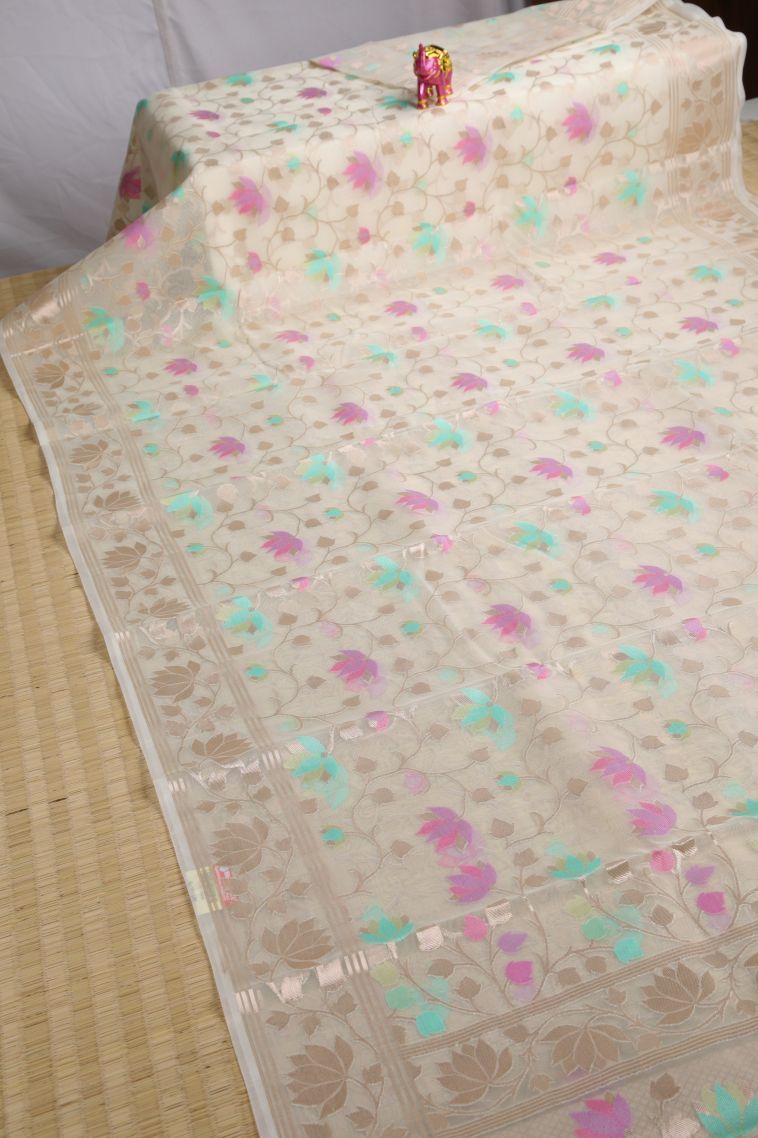 Ivory White Organza Saree with Copper Zari Floral Patterns view 2