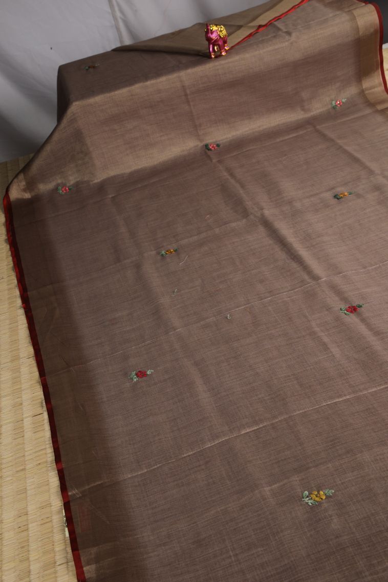 Tawny Brown Linen Saree with Gold Zari Buttis (small Dots Or Motifs) view 2
