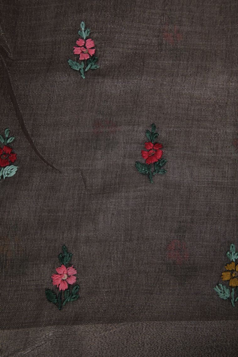 Tawny Brown Linen Saree with Gold Zari Buttis (small Dots Or Motifs) view 3