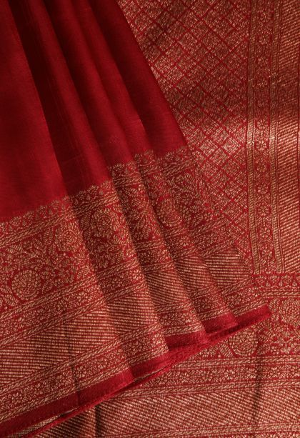 Cherry  Red Banaras Sarees with Gold Zari Plain