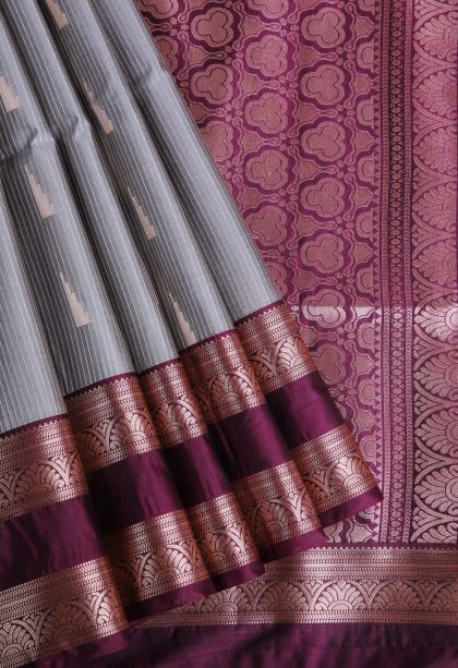 Granite Black Soft Silk Saree with Copper Zari Geometric Shapes