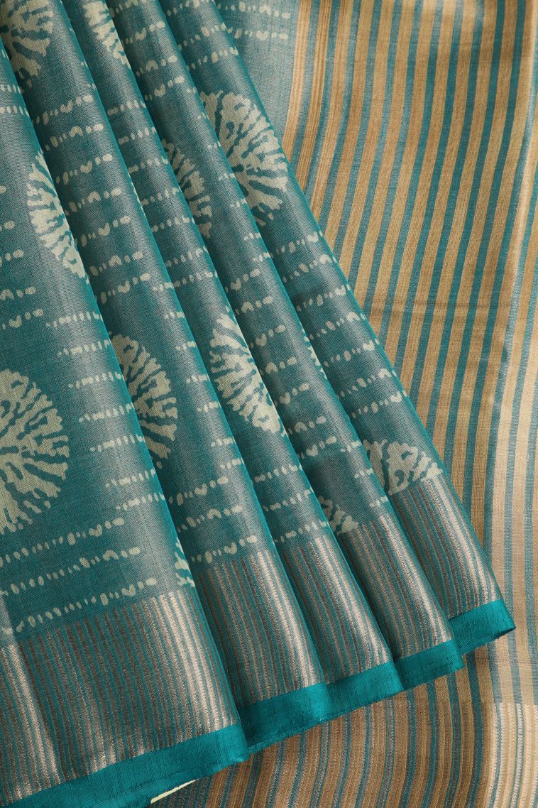 Teal Blue Semi Raw Silk Printed with Gold Zari Bandhani / Tie Dye view 1